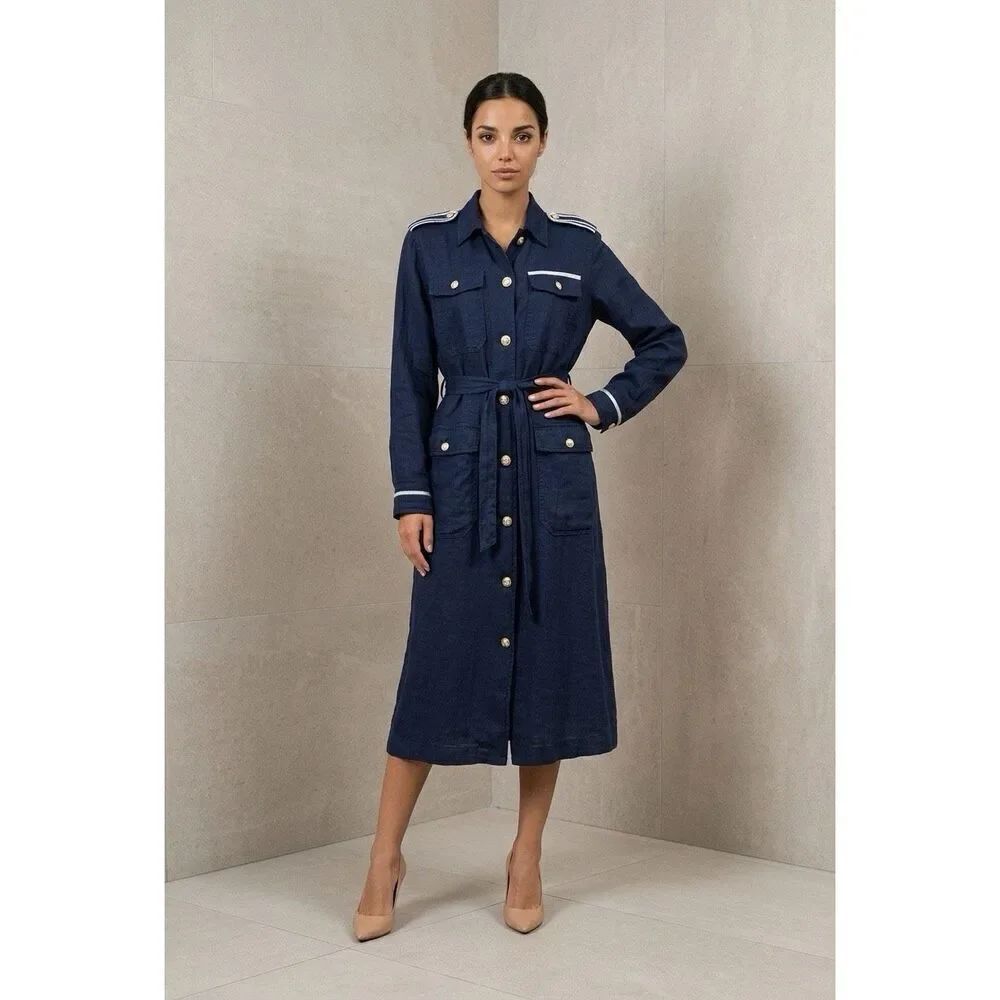 NWT L’AGENCE Kingsley Linen Shirt Dress Coat Navy Military Button Front Belted S